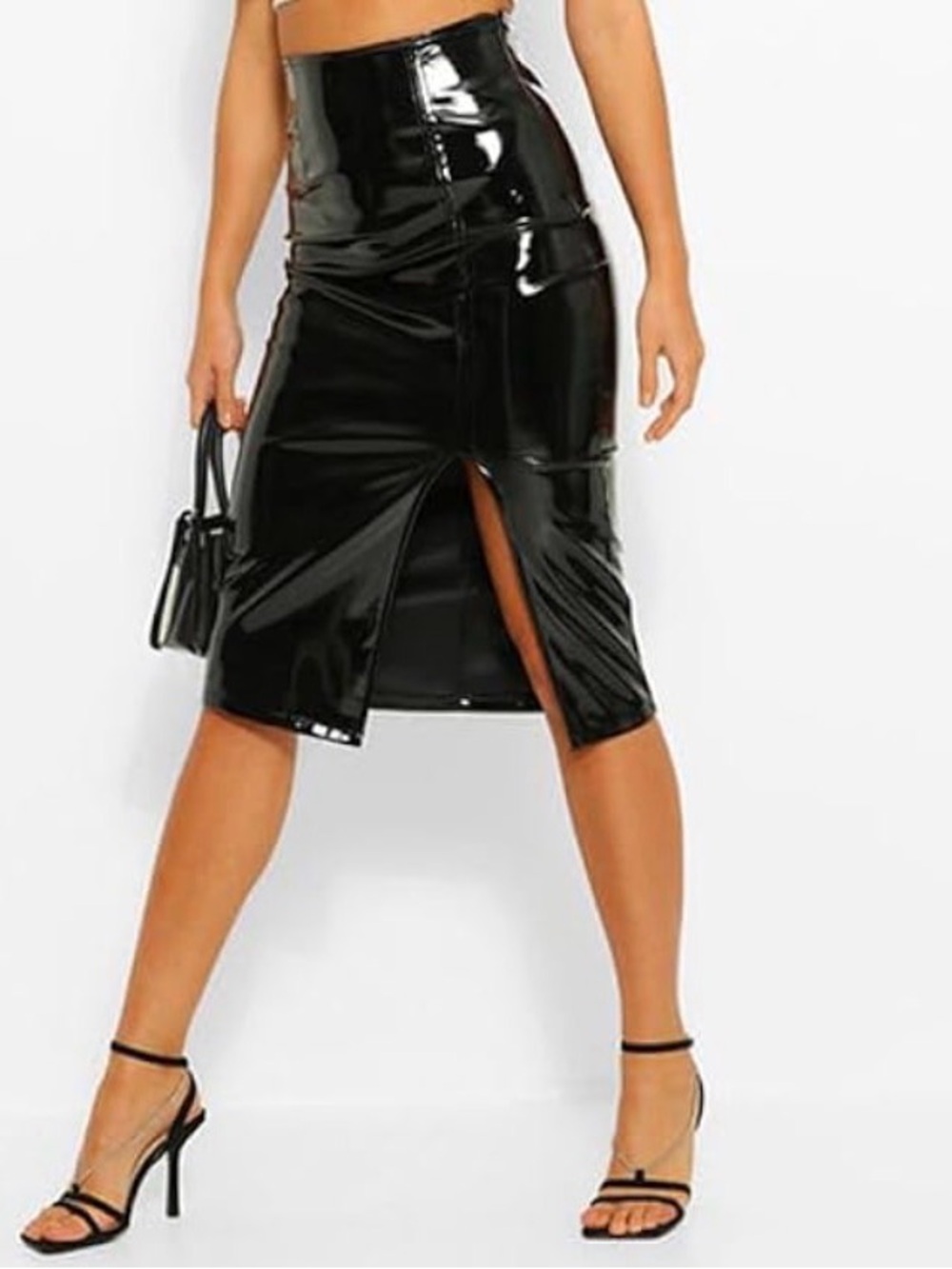 Commando Black High-Shine Patent Midi Pencil Skirt with Front Slit